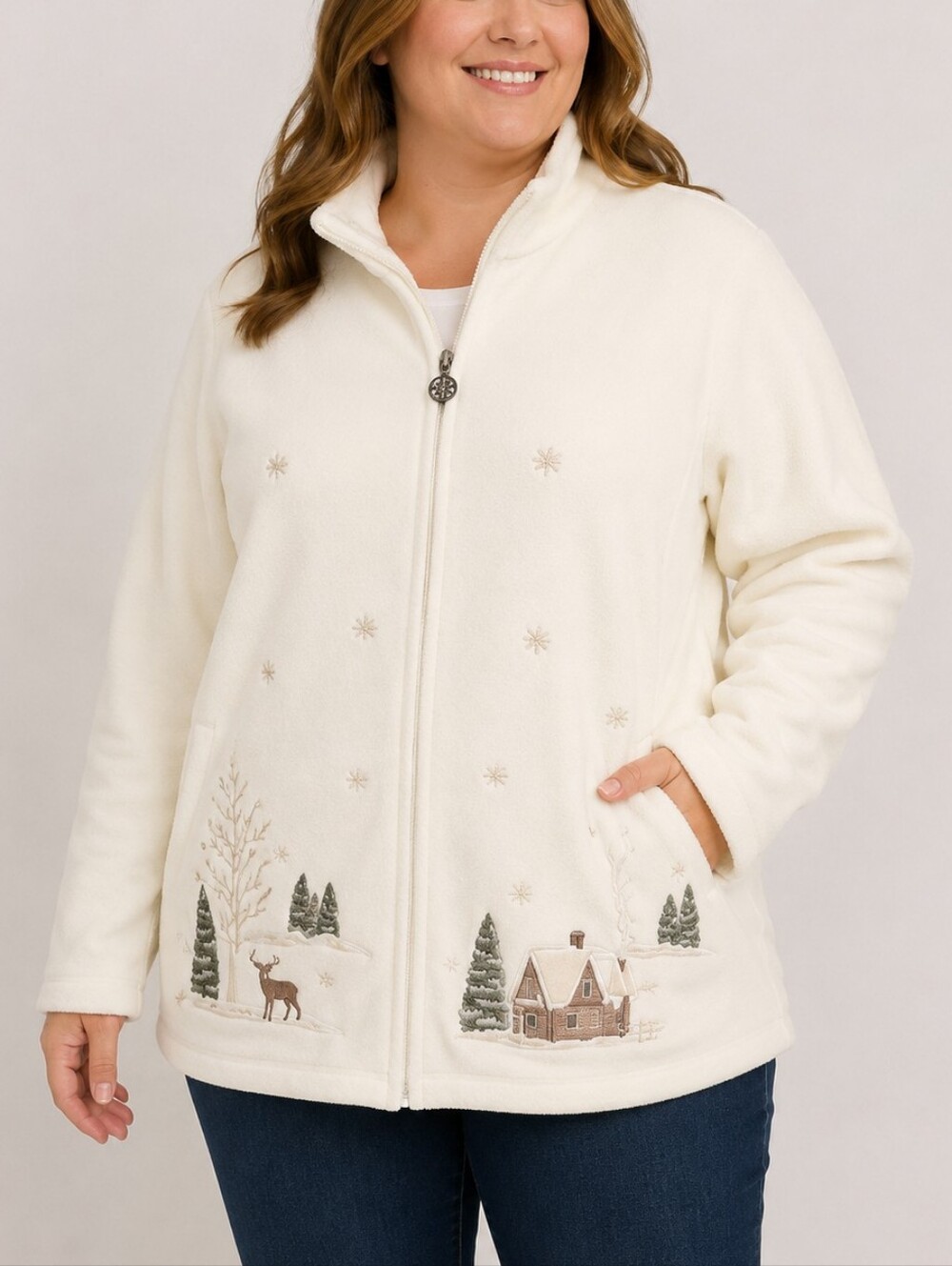 CROFT & BARROW Women's Ivory Fleece Winter Scene Embroidered Zip Front Jacket 1X